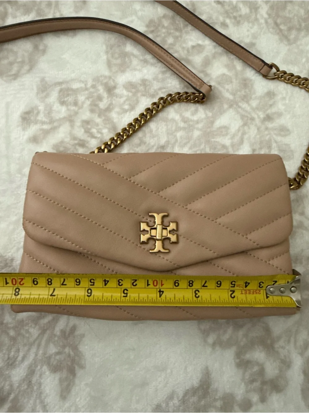 Tory Burch Kira Chevron Leather Small Crossbody Bag Nude with Gold Hardware Logo